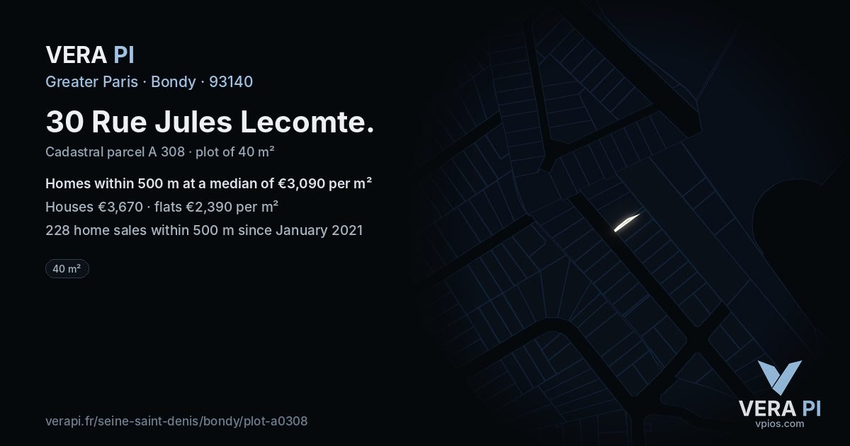 30 Rue Jules Lecomte, Bondy at night – the plot lit, the parcels around coloured by the prices near them
