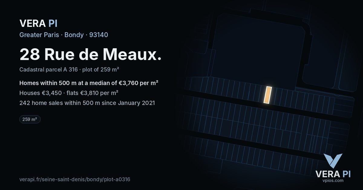28 Rue de Meaux, Bondy at night – the plot lit, the parcels around coloured by the prices near them