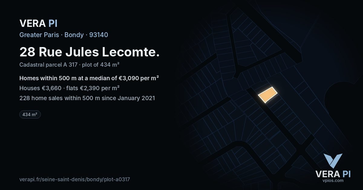 28 Rue Jules Lecomte, Bondy at night – the plot lit, the parcels around coloured by the prices near them