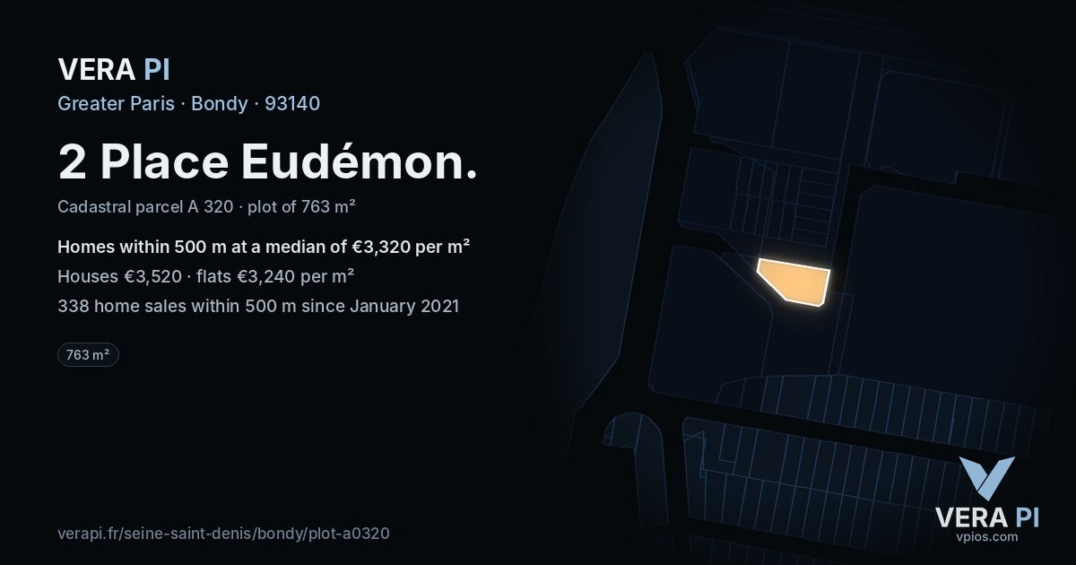 2 Place Eudémon, Bondy at night – the plot lit, the parcels around coloured by the prices near them
