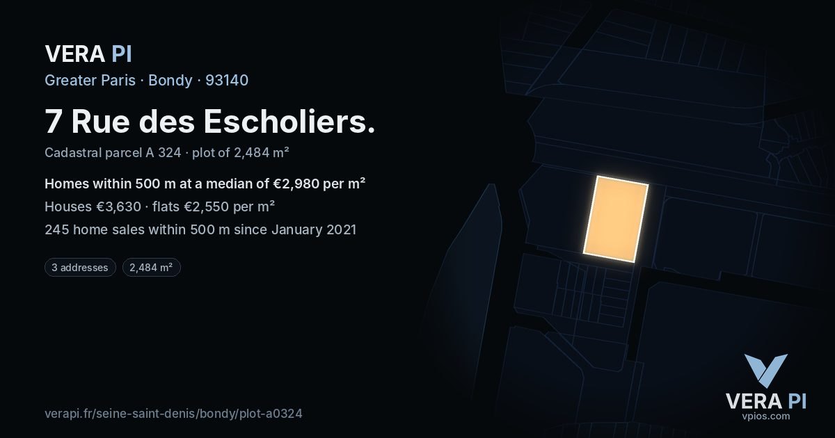 7 Rue des Escholiers, Bondy at night – the plot lit, the parcels around coloured by the prices near them