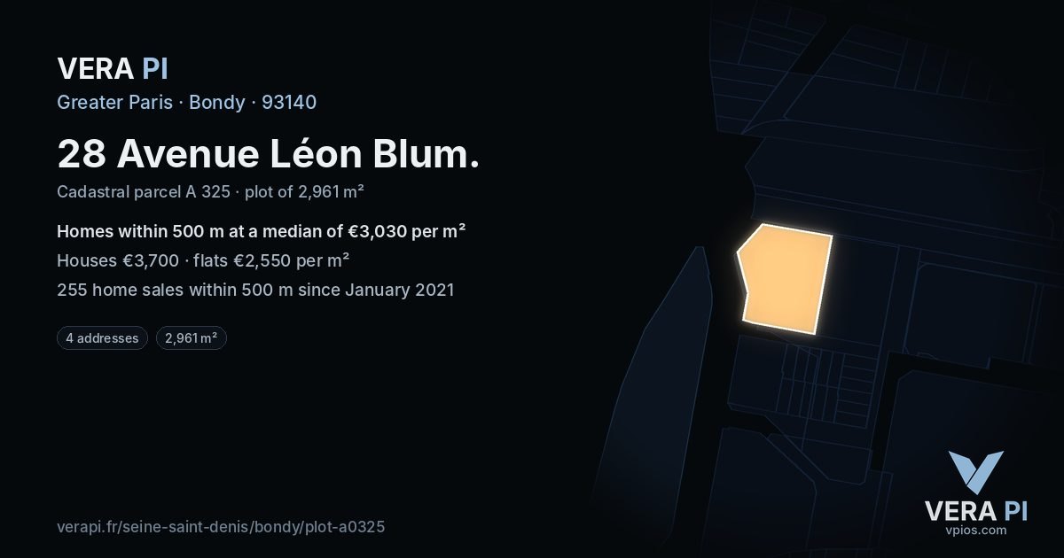 28 Avenue Léon Blum, Bondy at night – the plot lit, the parcels around coloured by the prices near them