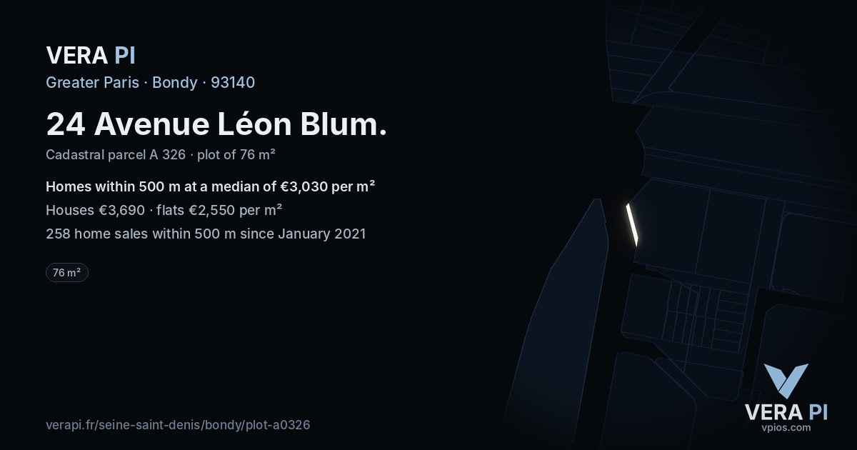 24 Avenue Léon Blum, Bondy at night – the plot lit, the parcels around coloured by the prices near them