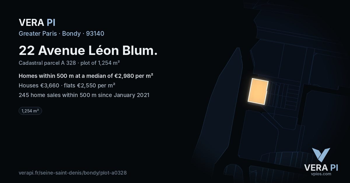 22 Avenue Léon Blum, Bondy at night – the plot lit, the parcels around coloured by the prices near them
