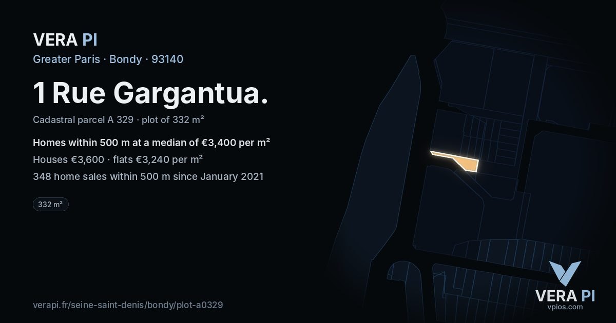 1 Rue Gargantua, Bondy at night – the plot lit, the parcels around coloured by the prices near them