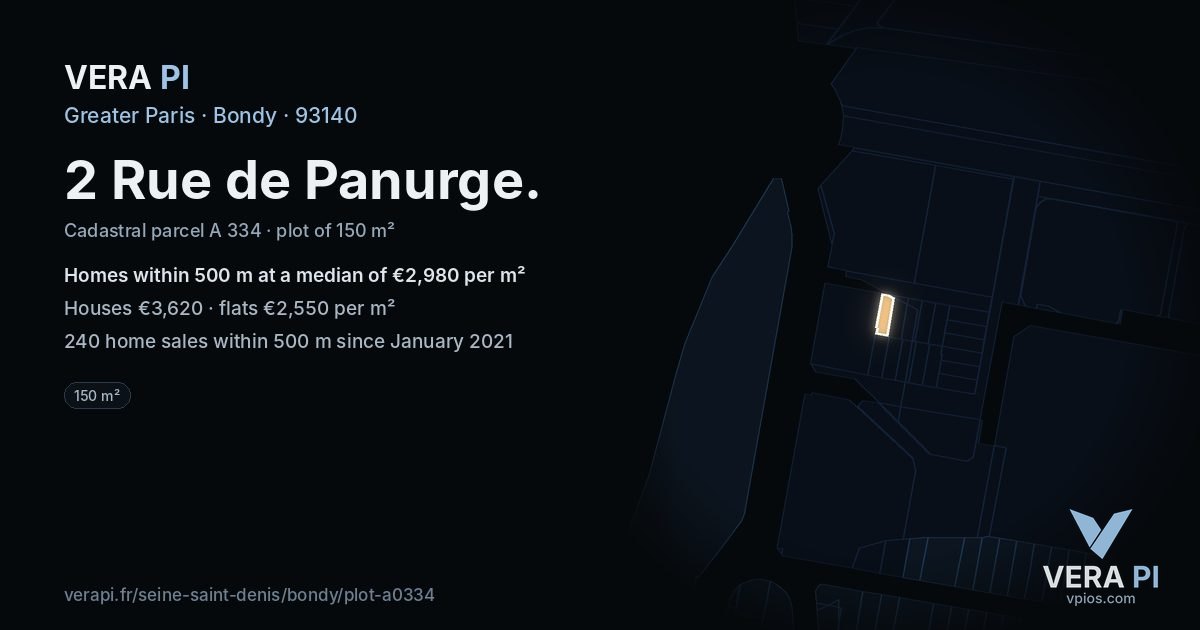2 Rue de Panurge, Bondy at night – the plot lit, the parcels around coloured by the prices near them