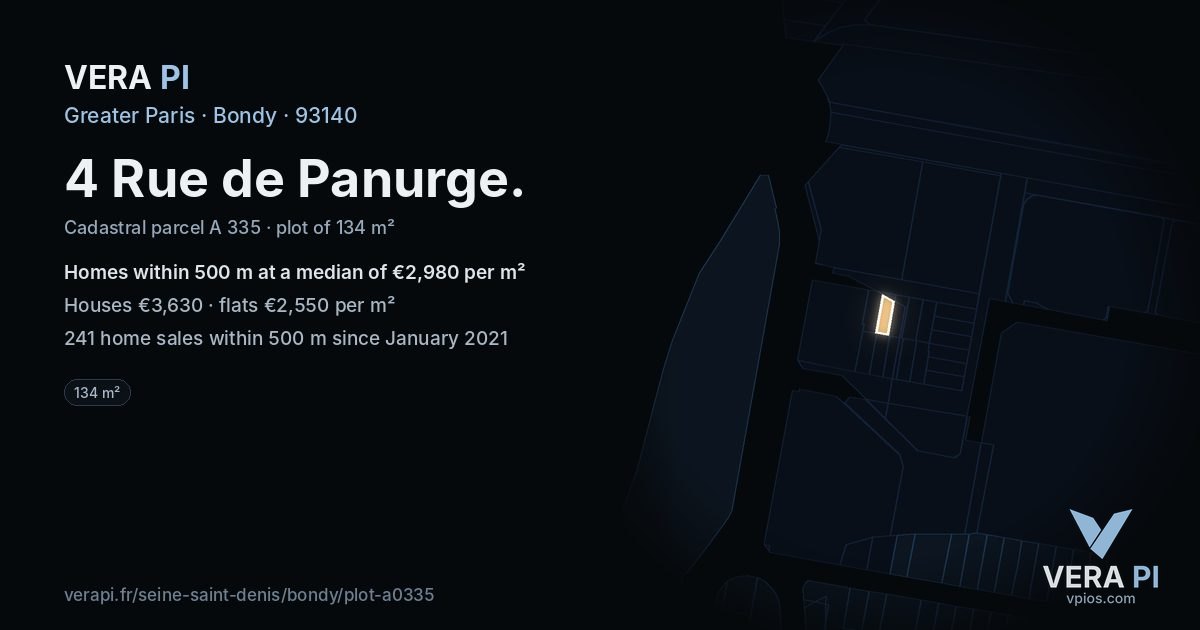 4 Rue de Panurge, Bondy at night – the plot lit, the parcels around coloured by the prices near them