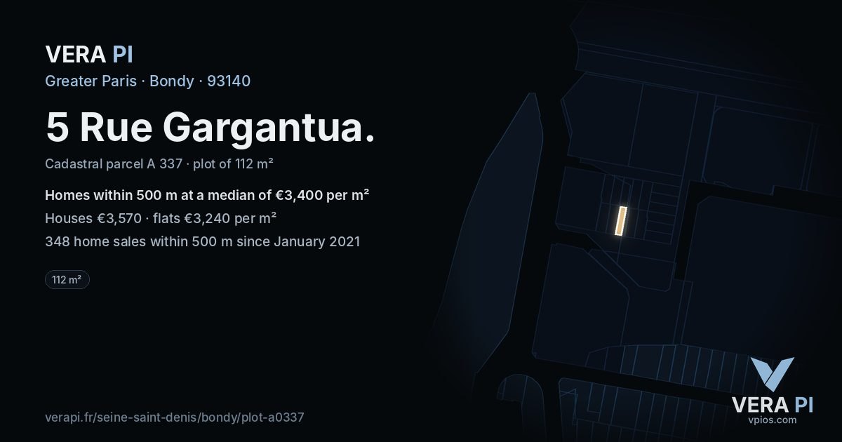 5 Rue Gargantua, Bondy at night – the plot lit, the parcels around coloured by the prices near them