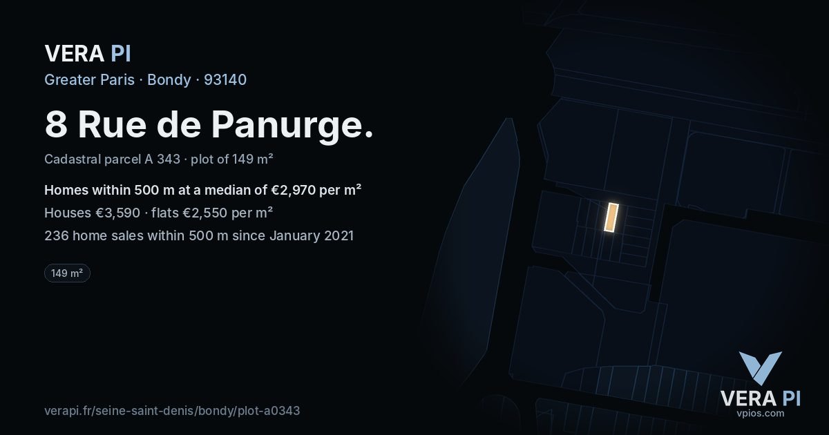 8 Rue de Panurge, Bondy at night – the plot lit, the parcels around coloured by the prices near them