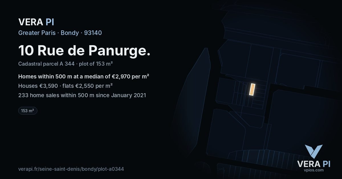 10 Rue de Panurge, Bondy at night – the plot lit, the parcels around coloured by the prices near them