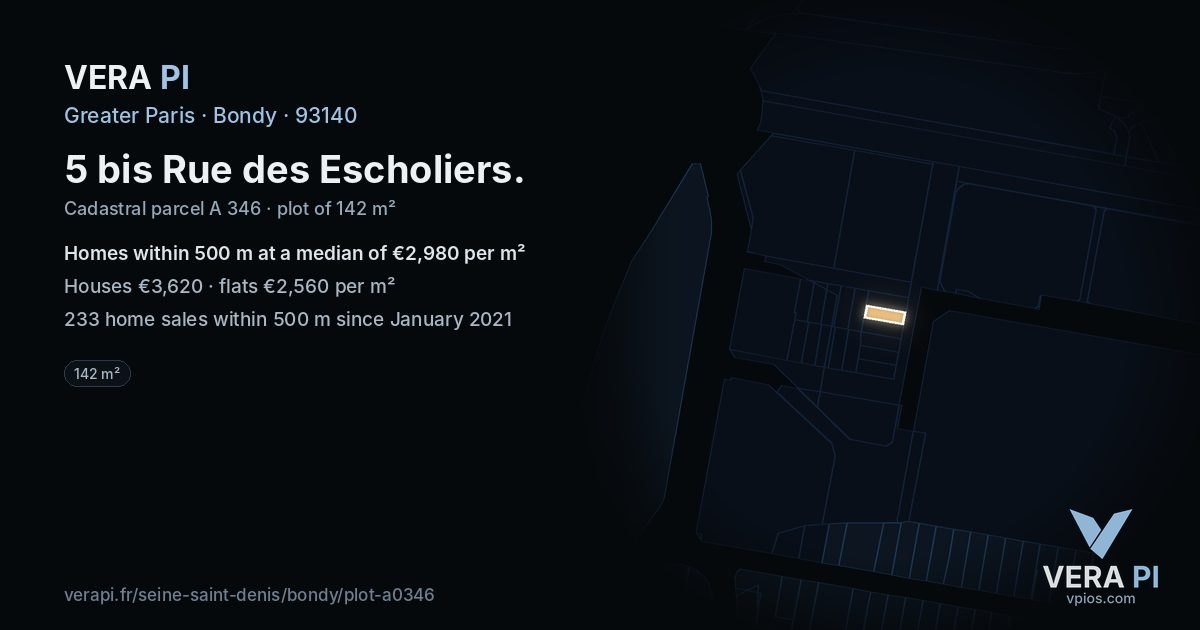 5 bis Rue des Escholiers, Bondy at night – the plot lit, the parcels around coloured by the prices near them