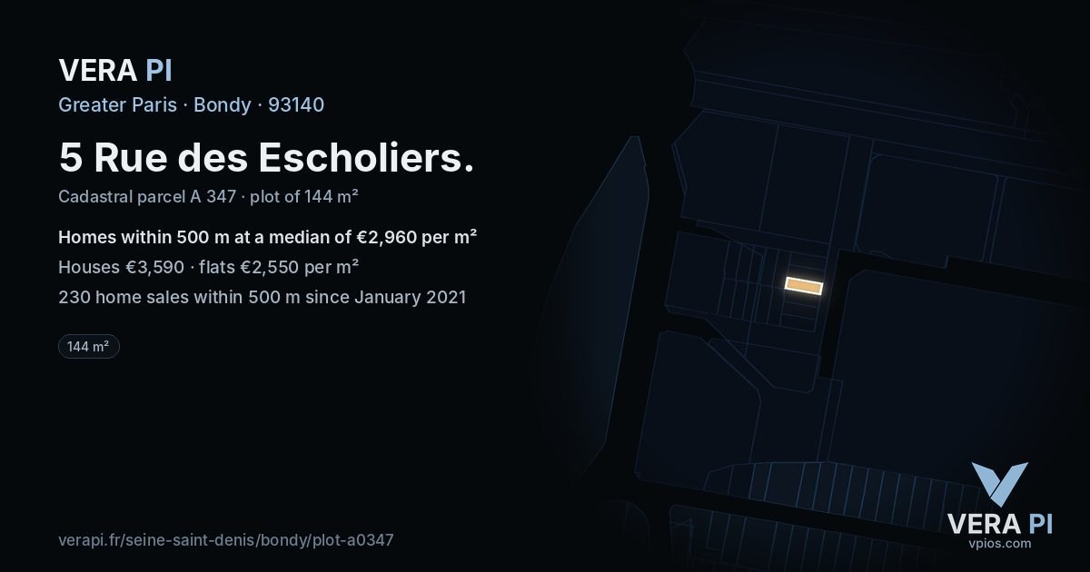 5 Rue des Escholiers, Bondy at night – the plot lit, the parcels around coloured by the prices near them