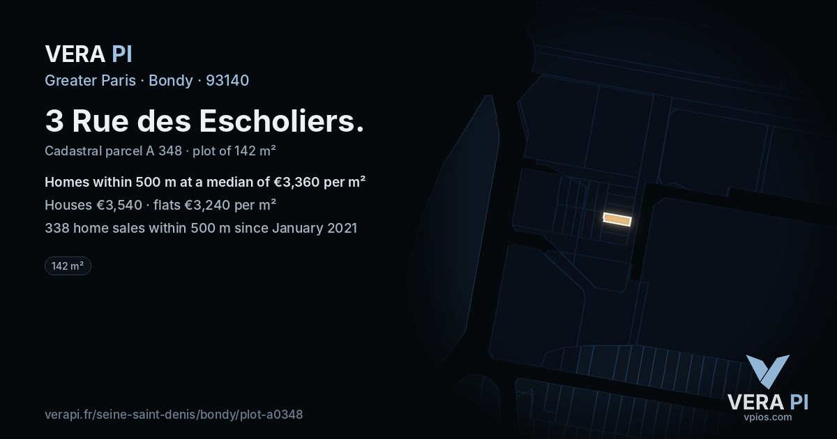 3 Rue des Escholiers, Bondy at night – the plot lit, the parcels around coloured by the prices near them