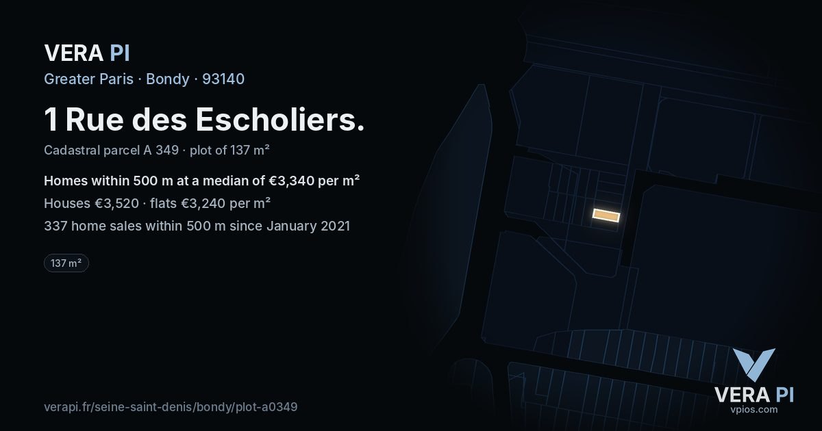 1 Rue des Escholiers, Bondy at night – the plot lit, the parcels around coloured by the prices near them
