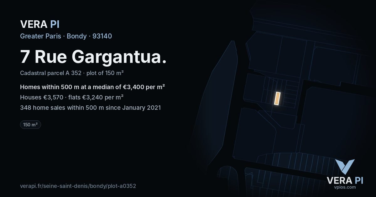 7 Rue Gargantua, Bondy at night – the plot lit, the parcels around coloured by the prices near them