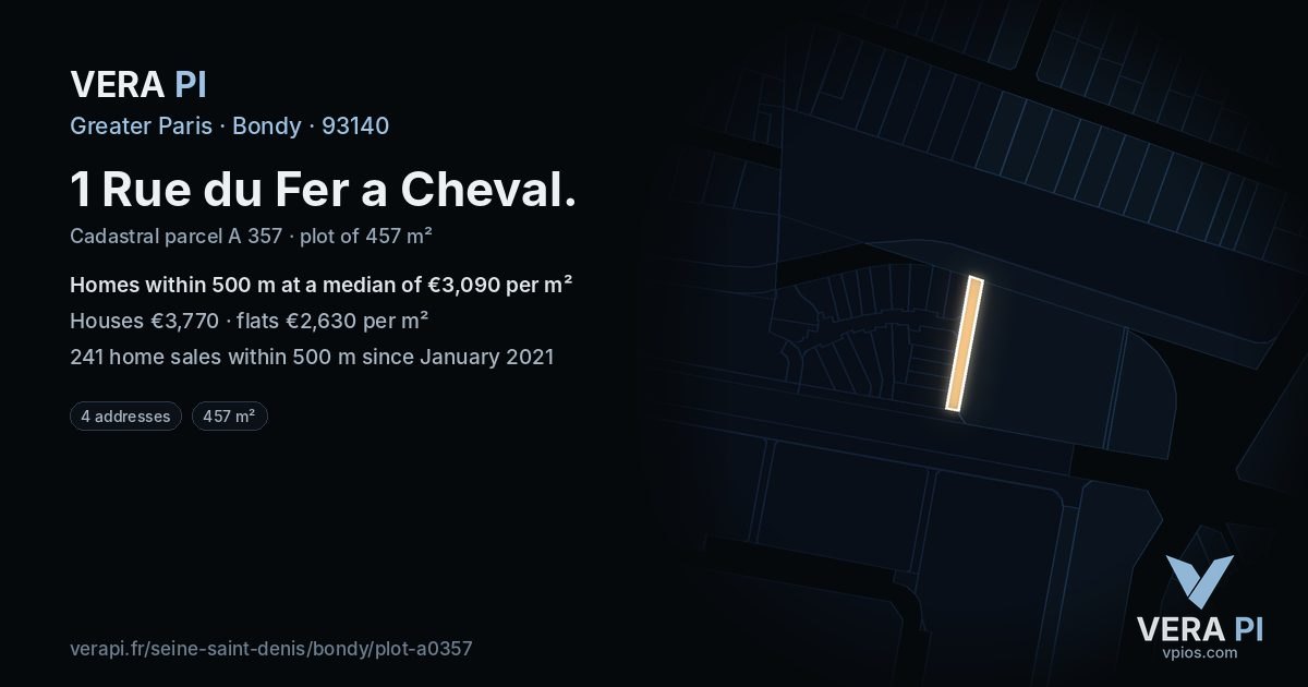 1 Rue du Fer a Cheval, Bondy at night – the plot lit, the parcels around coloured by the prices near them
