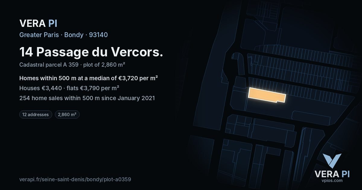 14 Passage du Vercors, Bondy at night – the plot lit, the parcels around coloured by the prices near them