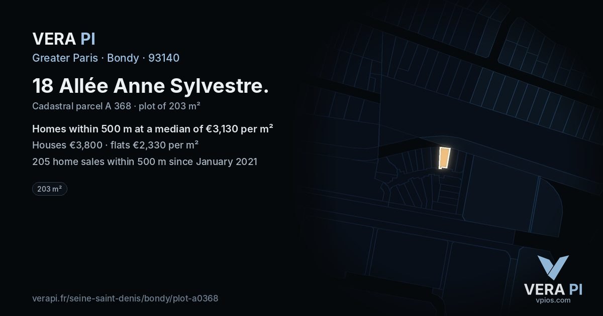 18 Allée Anne Sylvestre, Bondy at night – the plot lit, the parcels around coloured by the prices near them