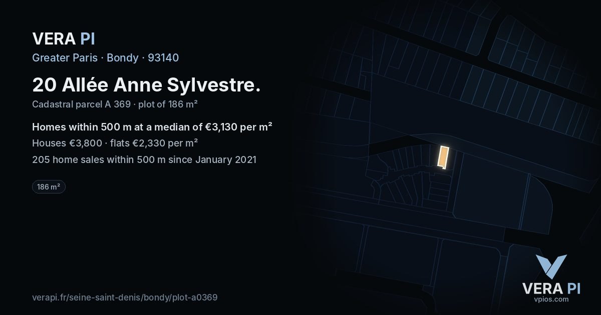 20 Allée Anne Sylvestre, Bondy at night – the plot lit, the parcels around coloured by the prices near them