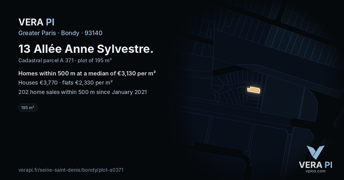 13 Allée Anne Sylvestre, Bondy at night – the plot lit, the parcels around coloured by the prices near them