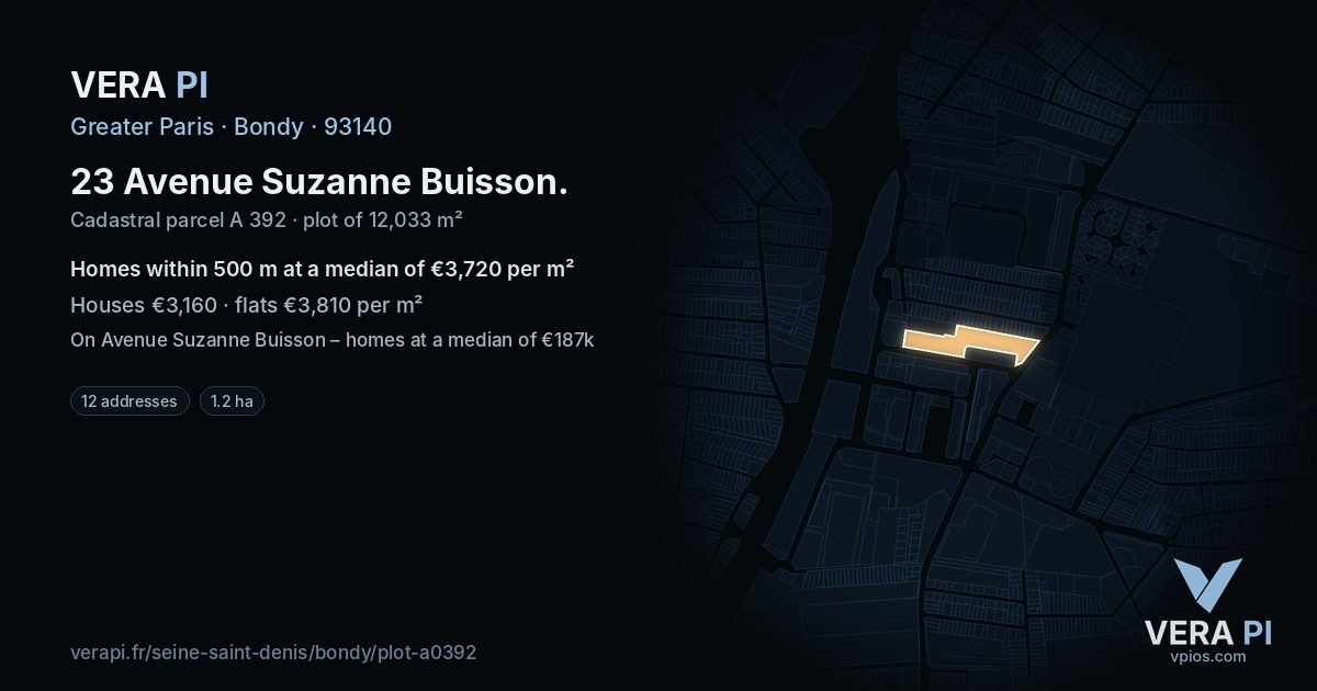 23 Avenue Suzanne Buisson, Bondy at night – the plot lit, the parcels around coloured by the prices near them