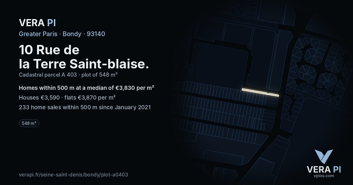 10 Rue de la Terre Saint-blaise, Bondy at night – the plot lit, the parcels around coloured by the prices near them