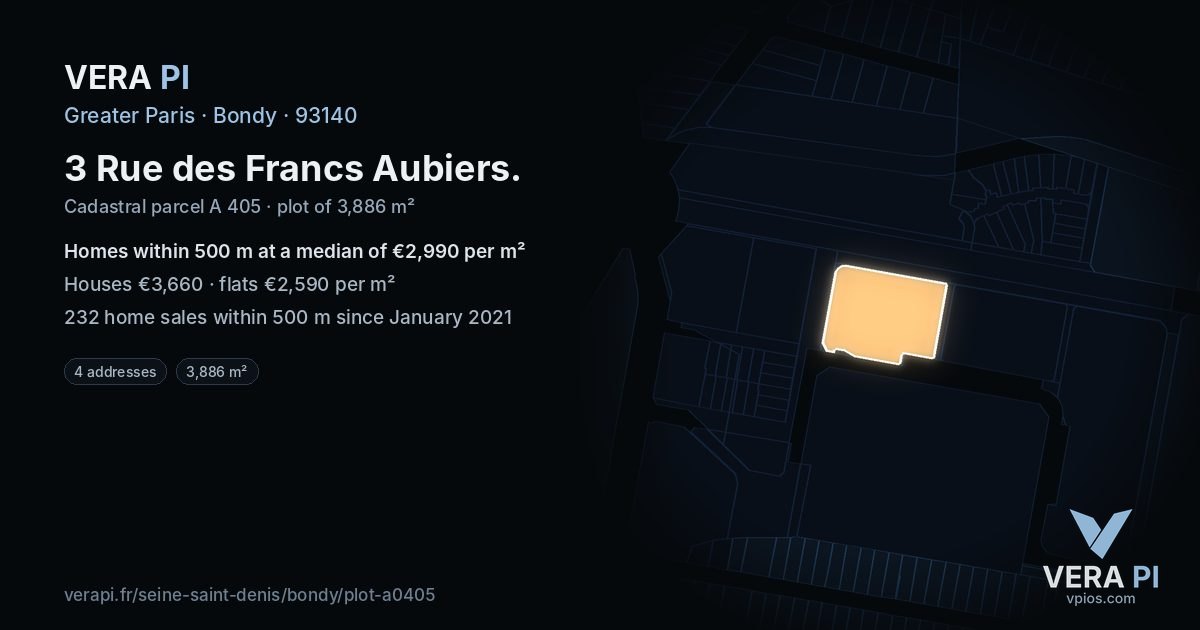 3 Rue des Francs Aubiers, Bondy at night – the plot lit, the parcels around coloured by the prices near them