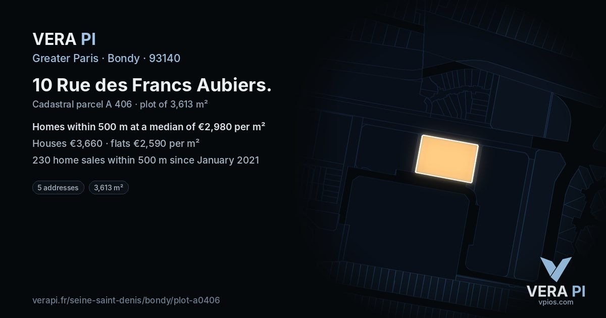 10 Rue des Francs Aubiers, Bondy at night – the plot lit, the parcels around coloured by the prices near them