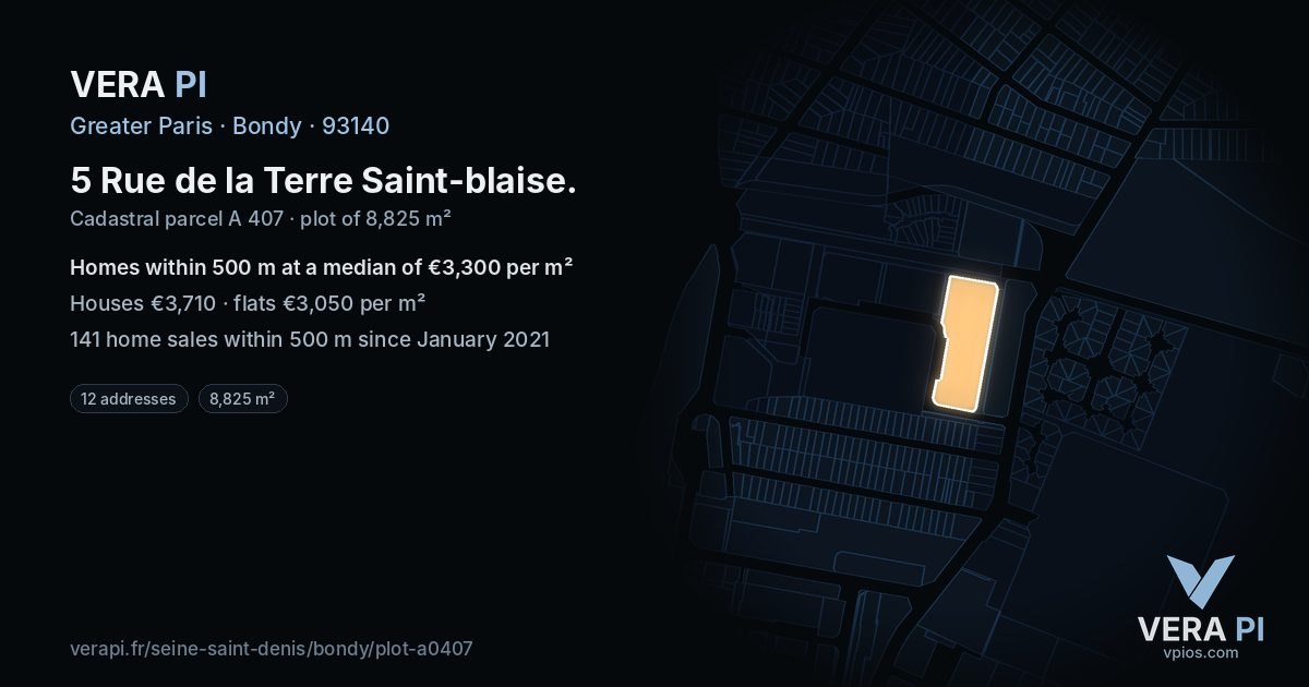 5 Rue de la Terre Saint-blaise, Bondy at night – the plot lit, the parcels around coloured by the prices near them
