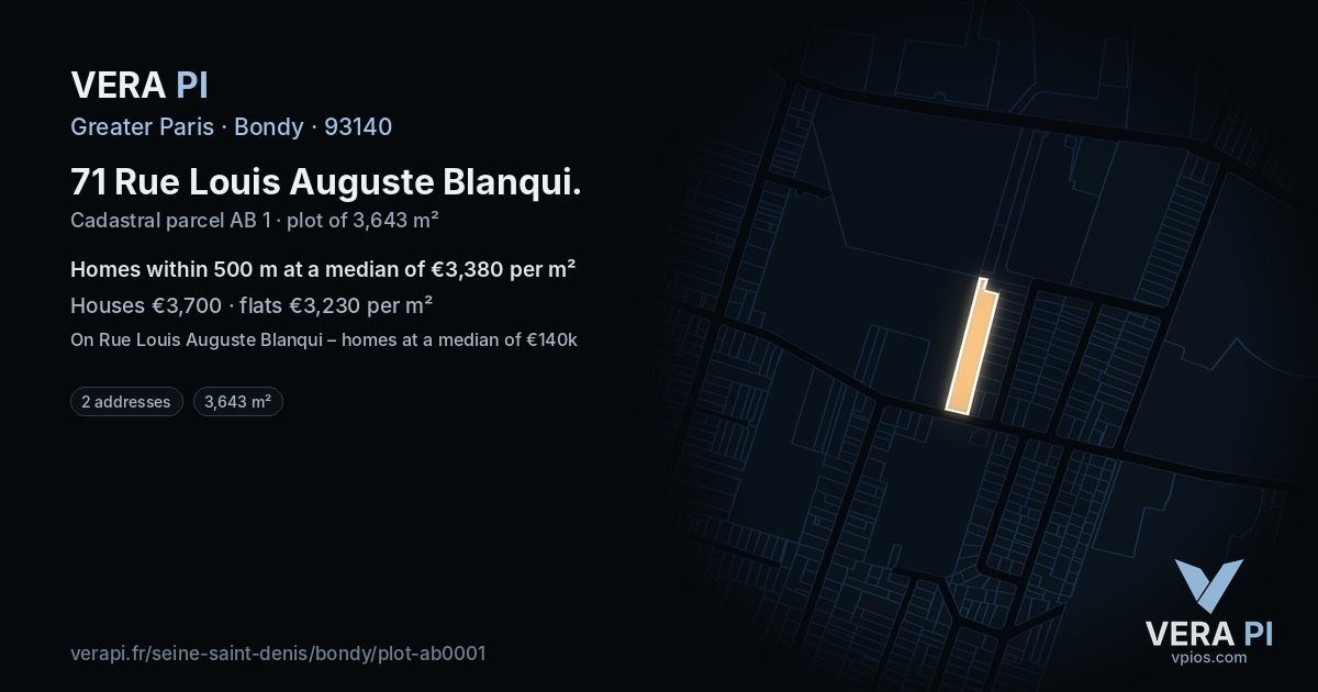 71 Rue Louis Auguste Blanqui, Bondy at night – the plot lit, the parcels around coloured by the prices near them