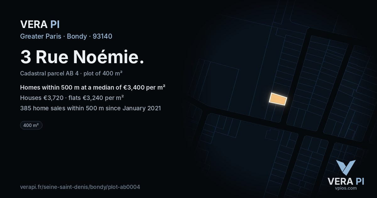 3 Rue Noémie, Bondy at night – the plot lit, the parcels around coloured by the prices near them