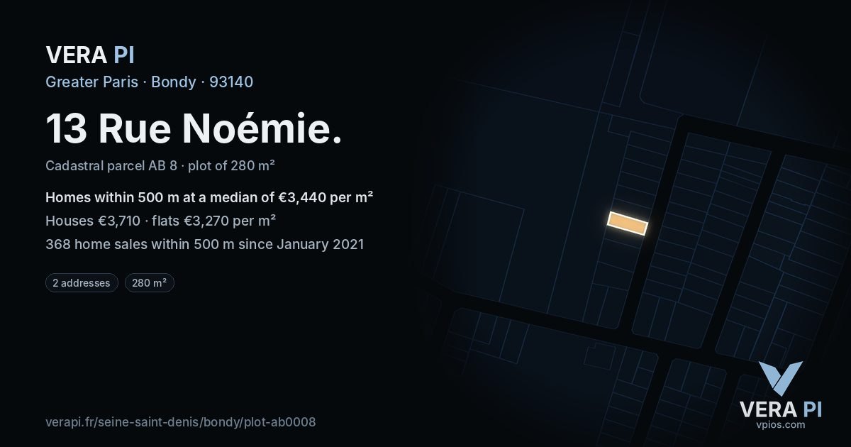 13 Rue Noémie, Bondy at night – the plot lit, the parcels around coloured by the prices near them