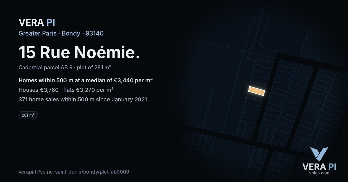 15 Rue Noémie, Bondy at night – the plot lit, the parcels around coloured by the prices near them