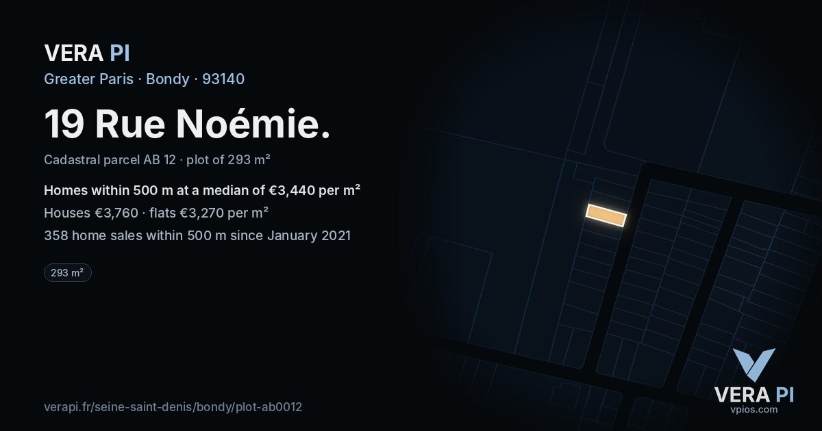 19 Rue Noémie, Bondy at night – the plot lit, the parcels around coloured by the prices near them