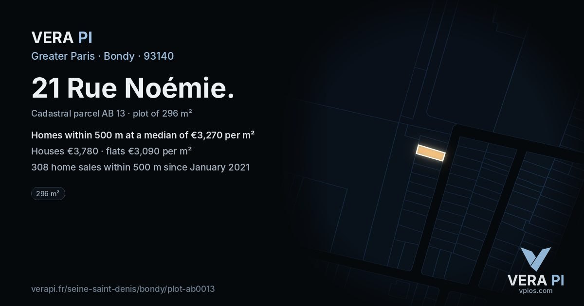 21 Rue Noémie, Bondy at night – the plot lit, the parcels around coloured by the prices near them