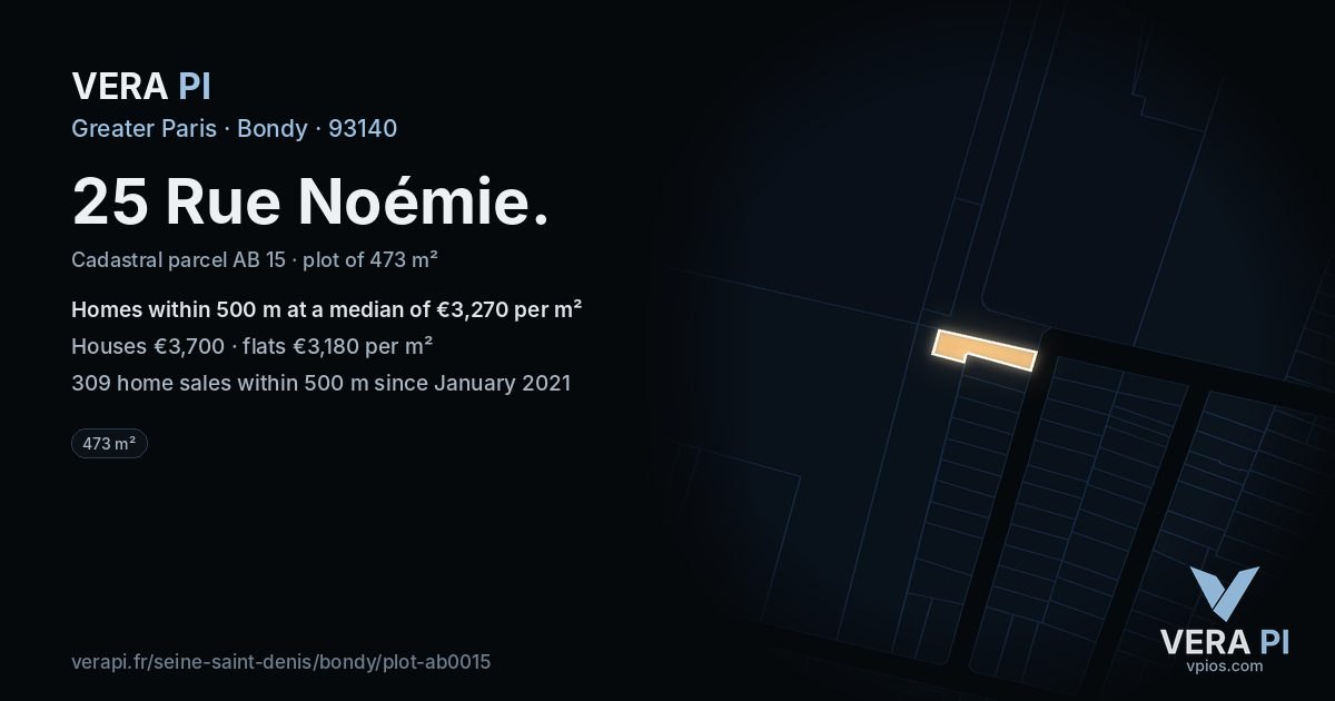 25 Rue Noémie, Bondy at night – the plot lit, the parcels around coloured by the prices near them