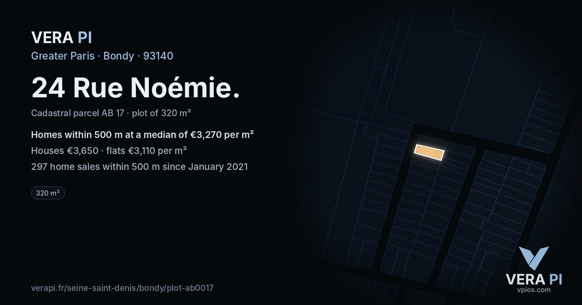 24 Rue Noémie, Bondy at night – the plot lit, the parcels around coloured by the prices near them