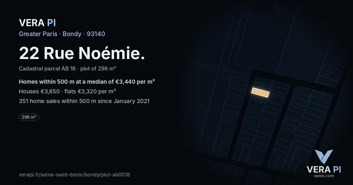 22 Rue Noémie, Bondy at night – the plot lit, the parcels around coloured by the prices near them