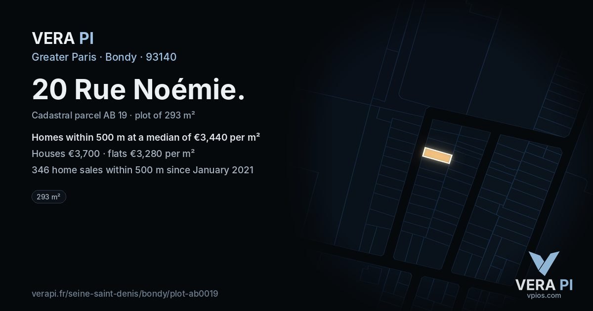 20 Rue Noémie, Bondy at night – the plot lit, the parcels around coloured by the prices near them