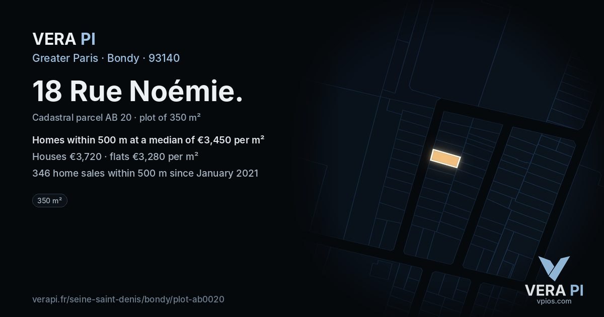 18 Rue Noémie, Bondy at night – the plot lit, the parcels around coloured by the prices near them