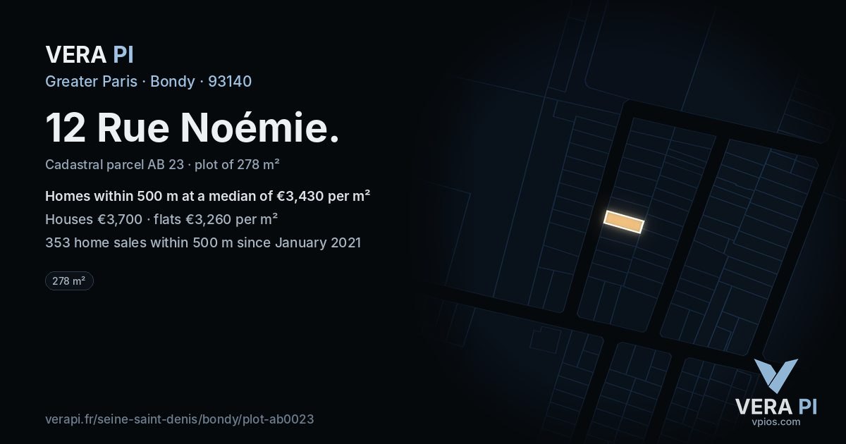 12 Rue Noémie, Bondy at night – the plot lit, the parcels around coloured by the prices near them