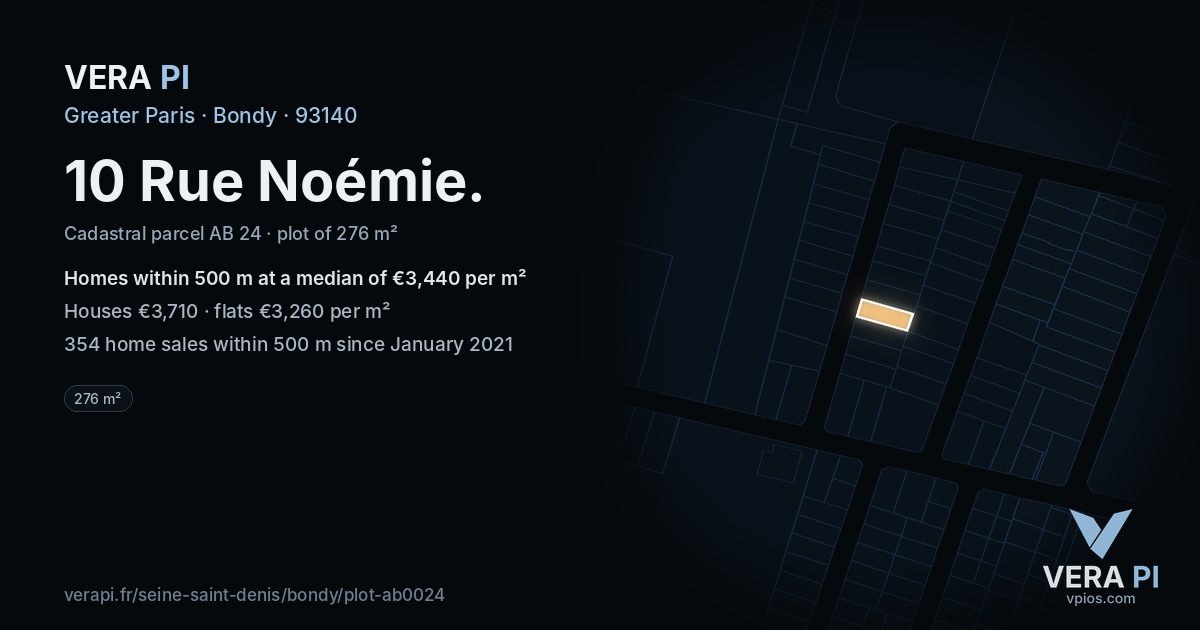 10 Rue Noémie, Bondy at night – the plot lit, the parcels around coloured by the prices near them