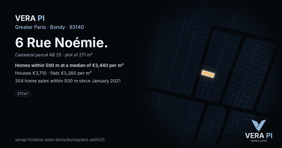 6 Rue Noémie, Bondy at night – the plot lit, the parcels around coloured by the prices near them