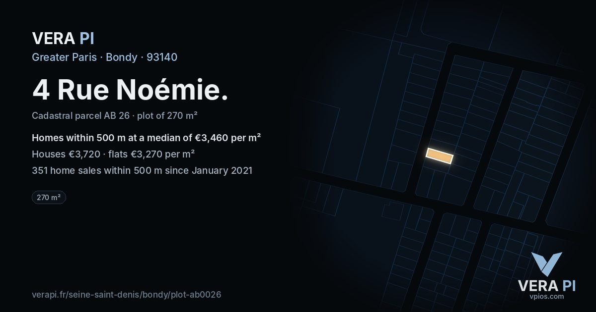 4 Rue Noémie, Bondy at night – the plot lit, the parcels around coloured by the prices near them