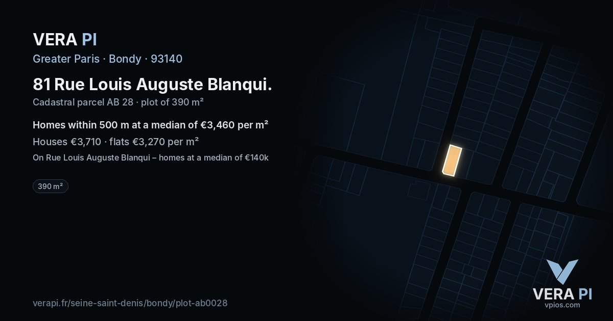 81 Rue Louis Auguste Blanqui, Bondy at night – the plot lit, the parcels around coloured by the prices near them