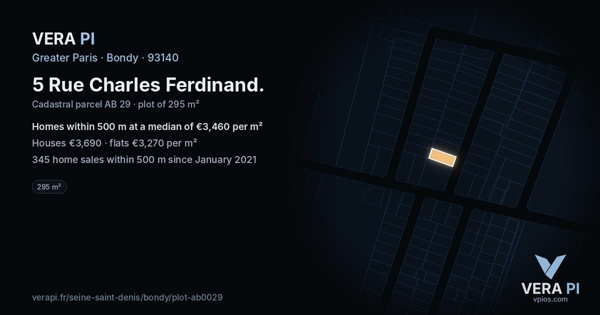 5 Rue Charles Ferdinand, Bondy at night – the plot lit, the parcels around coloured by the prices near them