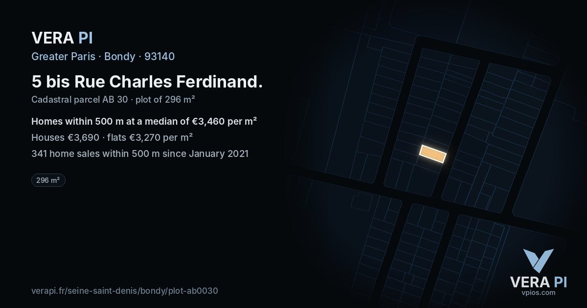 5 bis Rue Charles Ferdinand, Bondy at night – the plot lit, the parcels around coloured by the prices near them