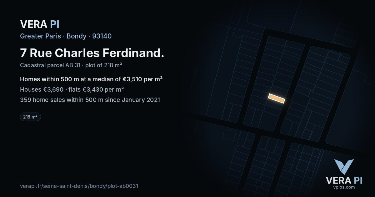 7 Rue Charles Ferdinand, Bondy at night – the plot lit, the parcels around coloured by the prices near them