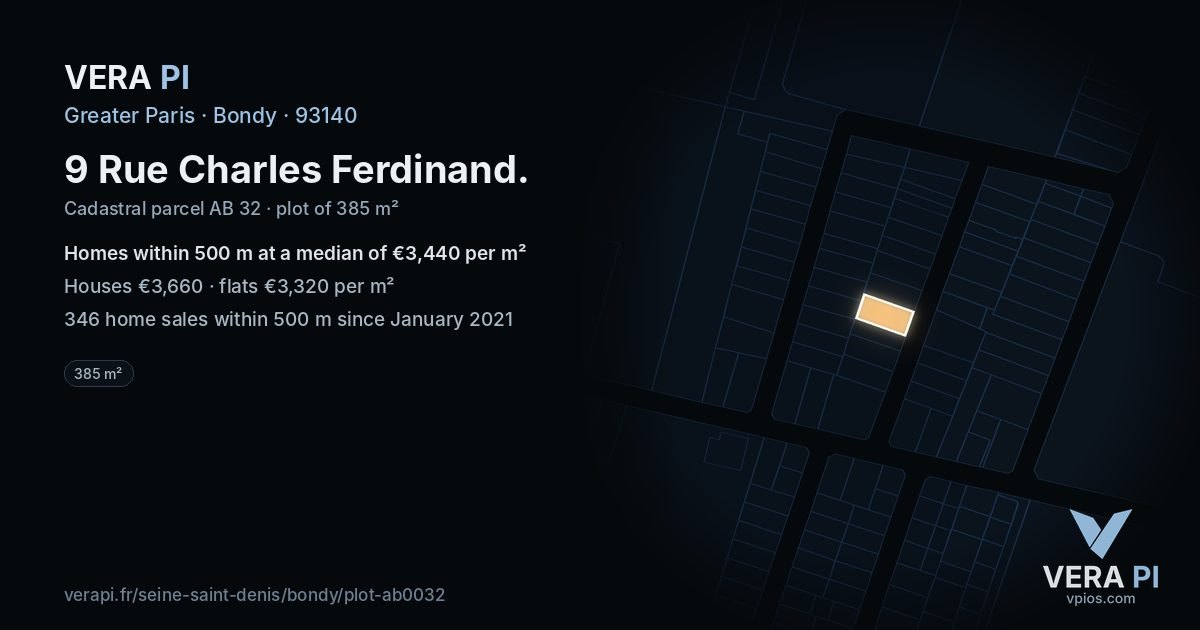 9 Rue Charles Ferdinand, Bondy at night – the plot lit, the parcels around coloured by the prices near them