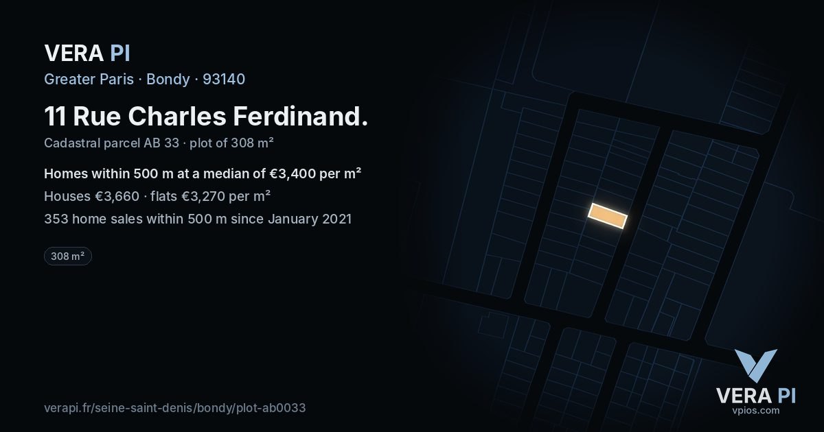 11 Rue Charles Ferdinand, Bondy at night – the plot lit, the parcels around coloured by the prices near them